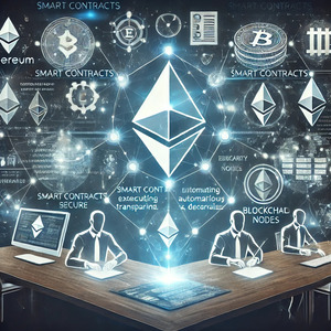 Illustration of smart contracts executing automatically on a blockchain, symbolizing security, transparency, and decentralized automation