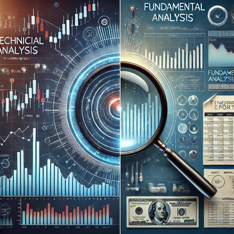 A candlestick chart displaying price movements, with technical indicators like Moving Averages and RSI for market trend analysis
