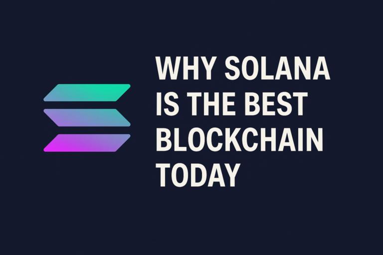 Illustration of Solana blockchain 2025 with digital icons for speed, NFTs, DeFi, and Web3