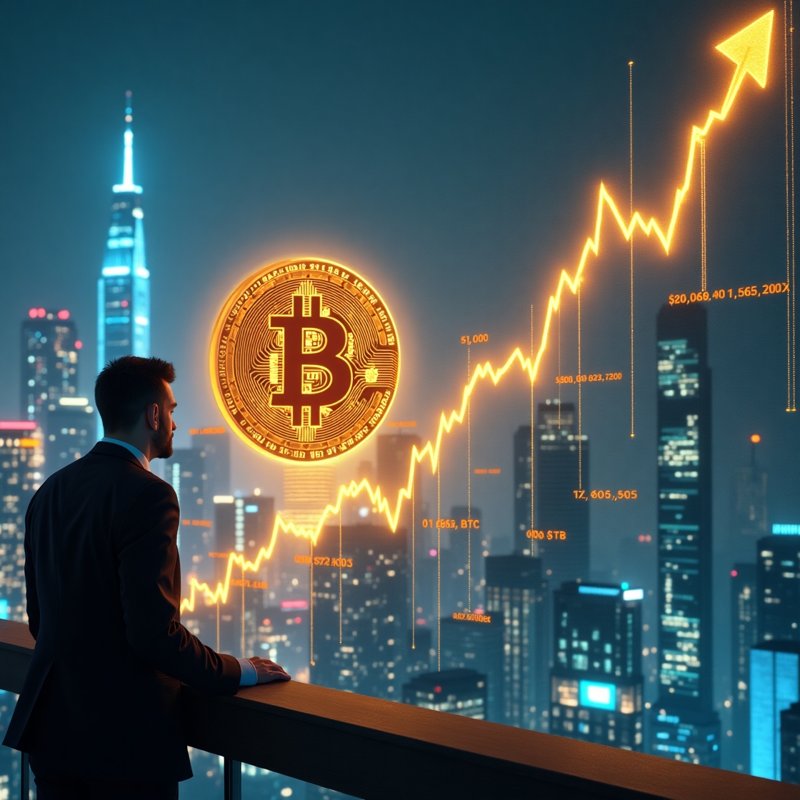 futuristic bitcoin rising above a financial graph from $60,000 to $1 million with investor and digital wallet showing 0.1667 BTC