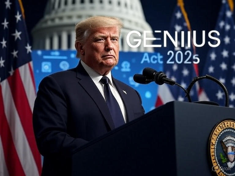Former President Donald Trump announcing the GENIUS Act 2025 at a 2025 press conference, with U.S. Capitol, 'GENIUS Act 2025' logo, USD Coin, Tether icons, American flags, and digital motifs