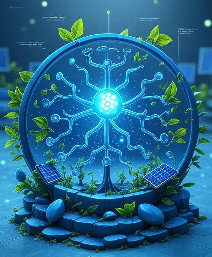 illustration du logo cardano entouré de nœuds blockchain et d’éléments verts symbolisant un réseau écologique