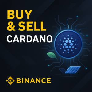 publicité numérique illustrant la plateforme binance avec le logo cardano, mettant en avant une blockchain scalable et écoresponsable basée sur le proof-of-stake