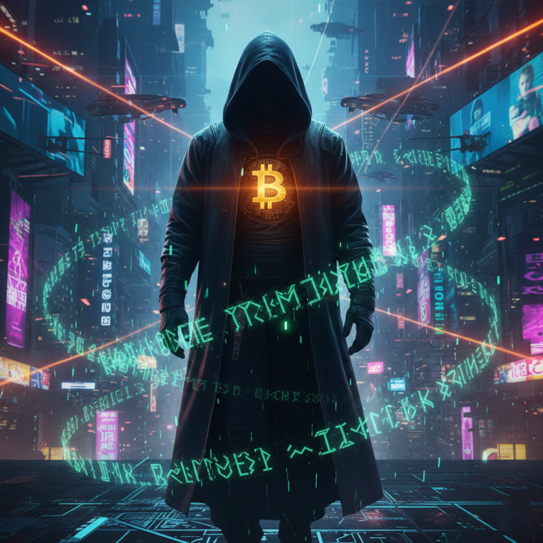 Anonymous hacker on early Bitcoin forums illustrating the Satoshi Nakamoto mystery and cypherpunk origins of Bitcoin