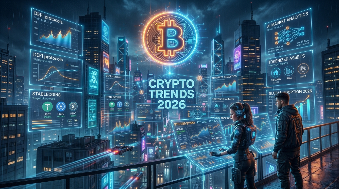 Futuristic illustration showing Bitcoin, AI blockchain technology, and crypto trends 2026 in a modern digital city.